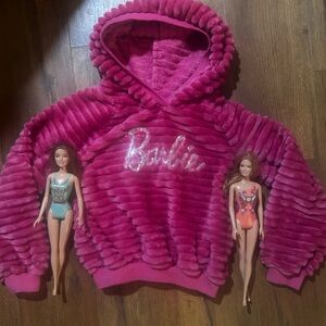 Adorable Hot Pink Barbie Hoodie (6)with Glitter Logo & (2) Barbie Swimsuit Dolls